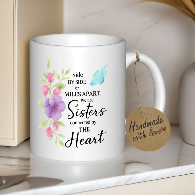 Tailorly White Ceramic 11 oz Mug - Side By Side Or Miles Apart We Are Sisters Connected By The Heart Elegant Watercolor Floral Arrangement With A Delicate Flying