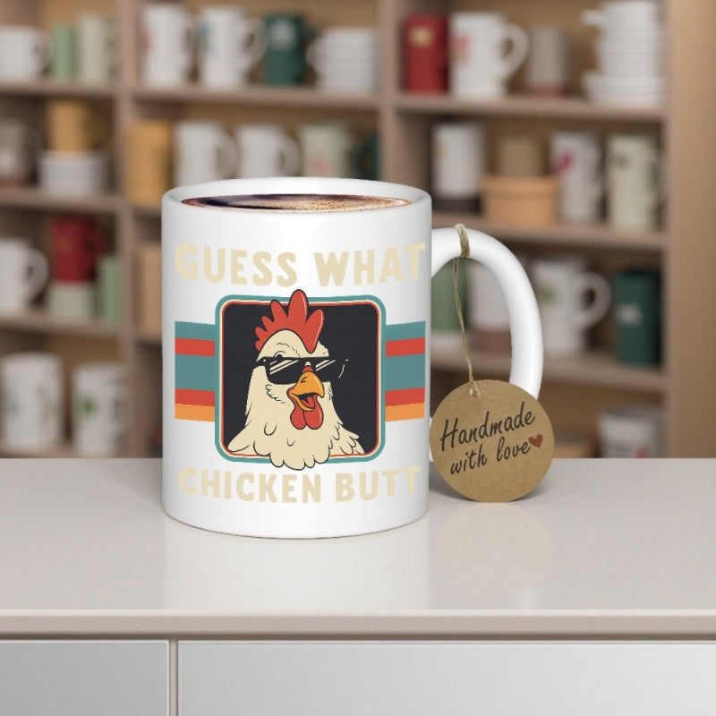 Tailorly White Ceramic 11 oz Mug - Guess What Chicken Butt Cool Cartoon Rooster Wearing Sunglasses Among Retro Colored Stripes Rooster