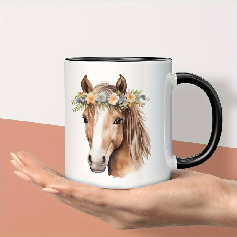 Tailorly Black Accent 11 oz Mug - equestrian design with horse and horseshoe