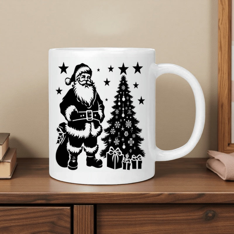 Tailorly White Ceramic 11 oz Mug - Festive Winter Scene Featuring Christmas Tree And Twinkling Stars Under Santa Claus
