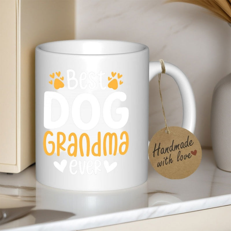 Tailorly White Ceramic 11 oz Mug - Best Dog Grandma Ever Simple White Ceramic With Paw Prints And Heart Elements Decorative Mug