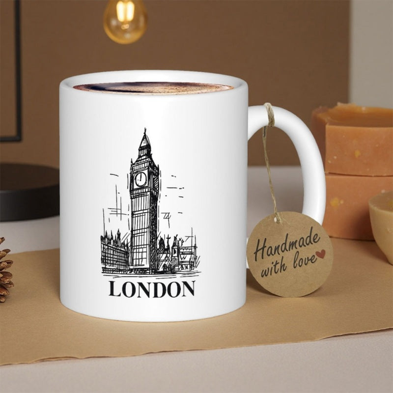 Tailorly White Ceramic 11 oz Mug - London Hand Drawn Iconic Clock Tower Among Historic City Architecture Landmark