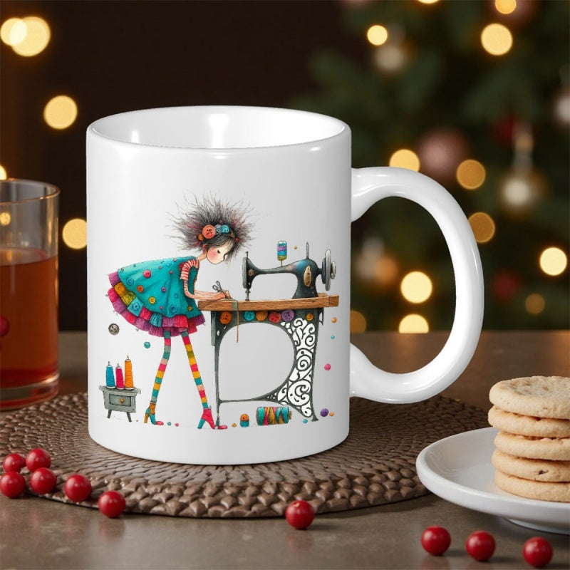 Tailorly White Ceramic 11 oz Mug - Whimsical Artist Girl Crafting Garments Using A Classic Retro Sewing Machine Seamstress