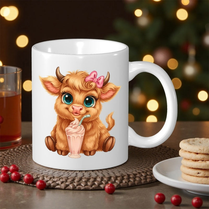 Tailorly White Ceramic 11 oz Mug - Adorable Fluffy Baby Highland Cow Wearing Pink Bow Drinking Sweet Milkshake Cow