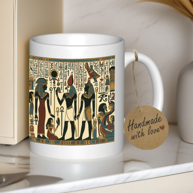 Tailorly White Ceramic 11 oz Mug - Handmade With Love Ancient Figures Among Hieroglyphics Under Golden Sunlight Within Historical Desert Scene Pharaohs