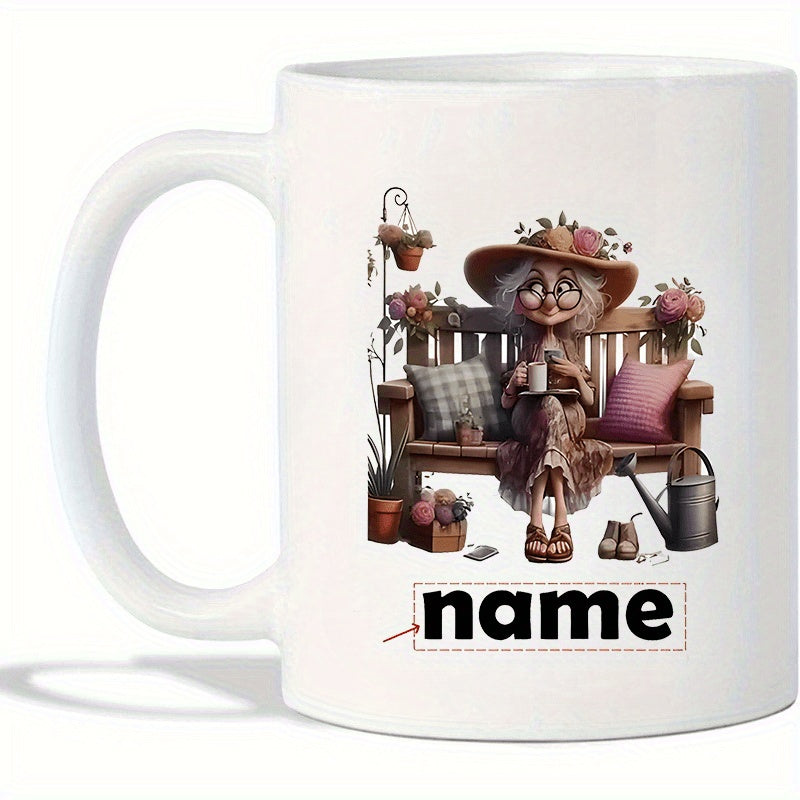 Tailorly White Ceramic 11 oz Mug - Name Happy Elderly Woman Sitting On Garden Bench With Plants And Watering Can Woman