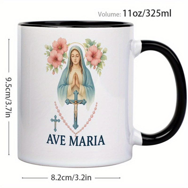 Tailorly Black Accent 11 oz Mug - our lady with floral rosary beads