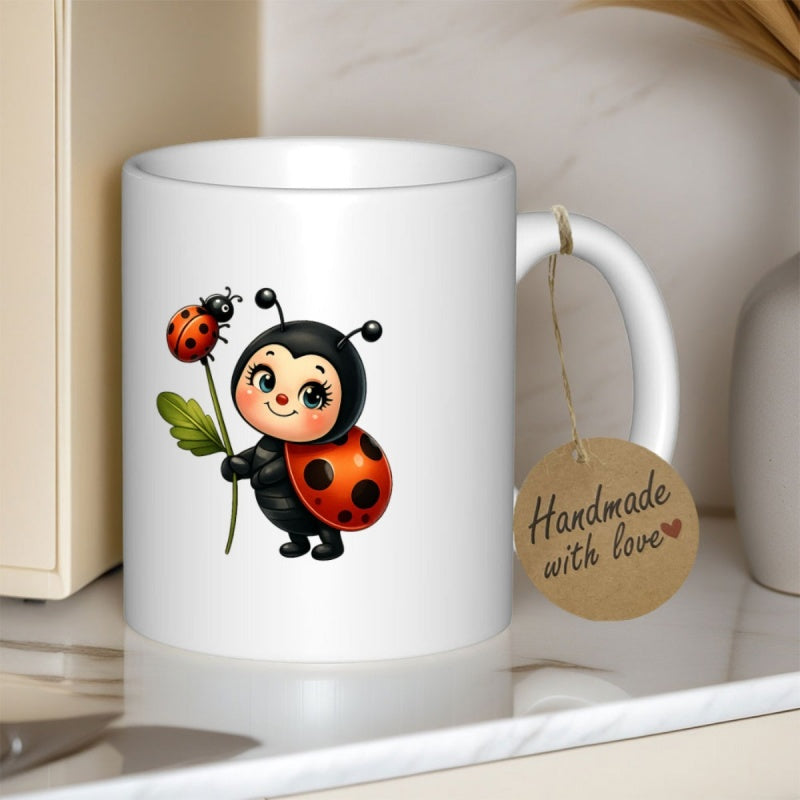 Tailorly White Ceramic 11 oz Mug - Handmade With Love Adorable Tiny Character Holding A Green Leaf Stem Ladybug