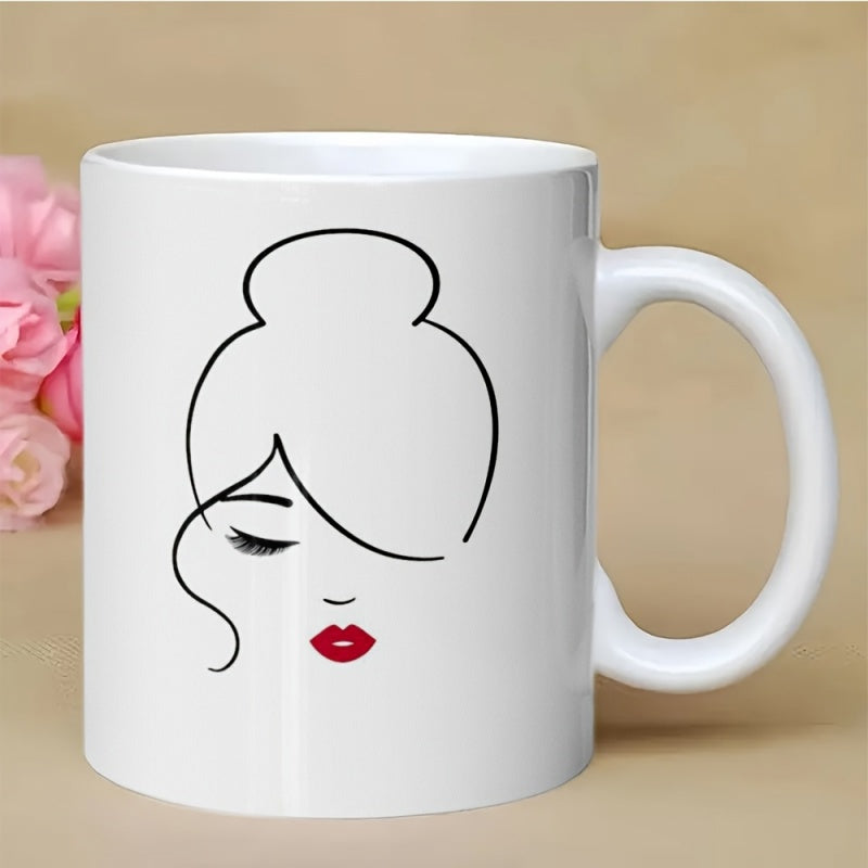 Tailorly White Ceramic 11 oz Mug - Minimalist Black Line Art Sketch Of Elegant Face With Red Lips Woman