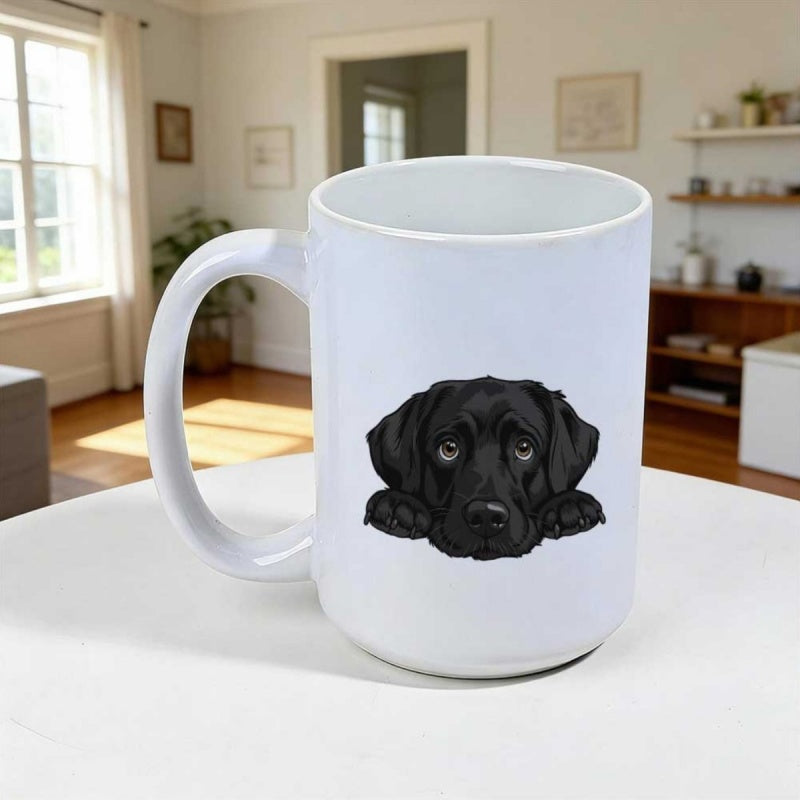 Tailorly White Ceramic 11 oz Mug - Adorable Peeking Black Labrador Retriever With Gentle Eyes And Resting Paws Labrador