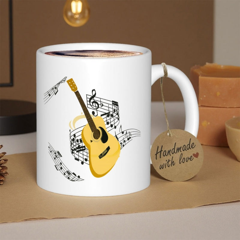 Tailorly White Ceramic 11 oz Mug - Elegant Musical Notes Floating In Harmony Around A Yellow Classic Acoustic Guitar