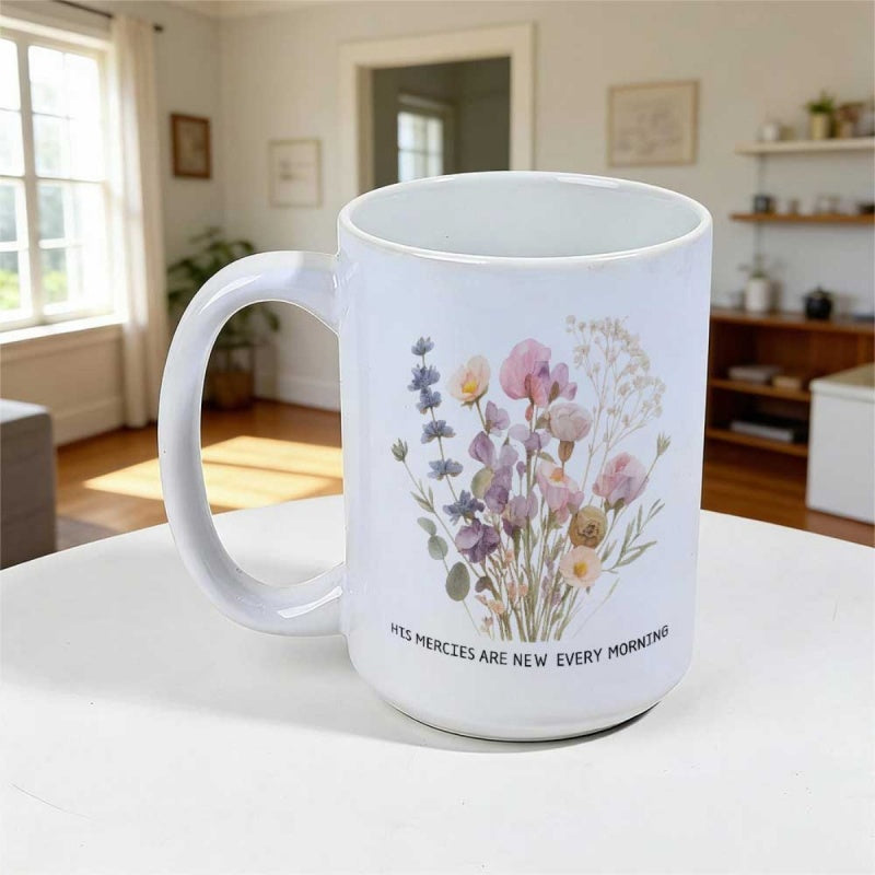 Tailorly White Ceramic 11 oz Mug - His Mercies Are New Every Morning Watercolor Style Pastel Blooming Wild Botanicals With Lavender And Eucalyptus Bouquet