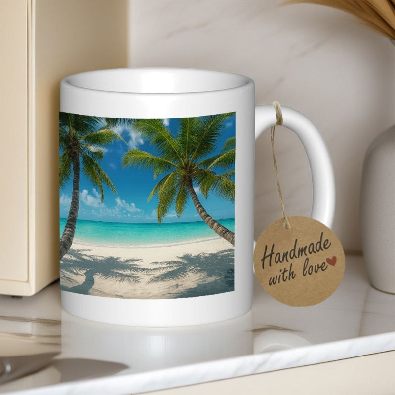 Tailorly White Ceramic 11 oz Mug - Tropical Beach Scene With Lush Greenery Under A Bright Summer Sky Palm Tree