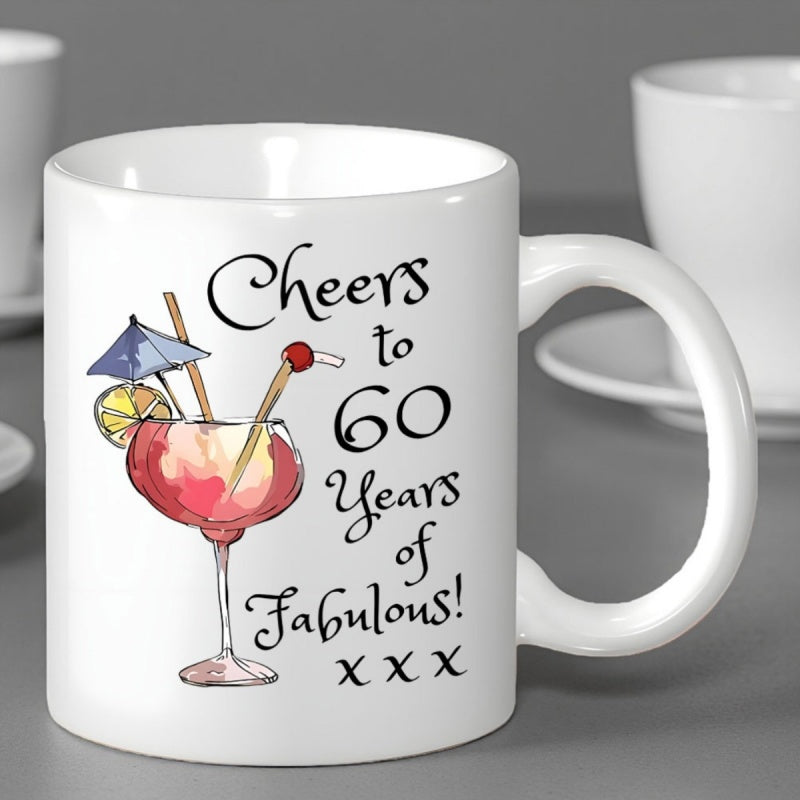 Tailorly White Ceramic 11 oz Mug - Cheers To 60 Years Of Fabulous Refreshing Pink Summer Drink With Lemon Slice And Blue Umbrella Cocktail