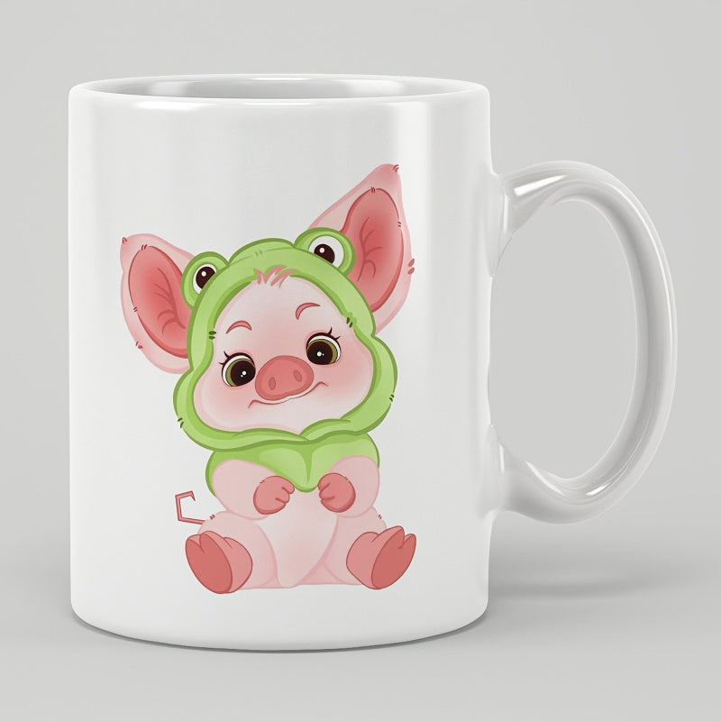 Tailorly White Ceramic 11 oz Mug - Adorable Baby Pink Piglet Wearing A Whimsical Green Frog Costume Piglet