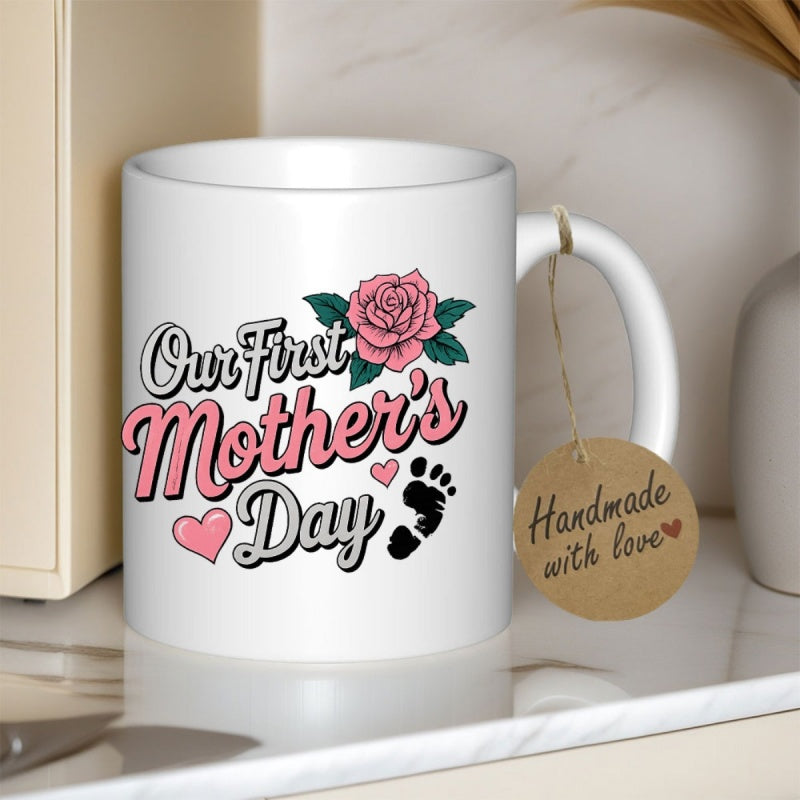 Tailorly White Ceramic 11 oz Mug - Our First Mother's Day Elegant Pink Blooming Flower With Baby Footprint And Tiny Heart Rose