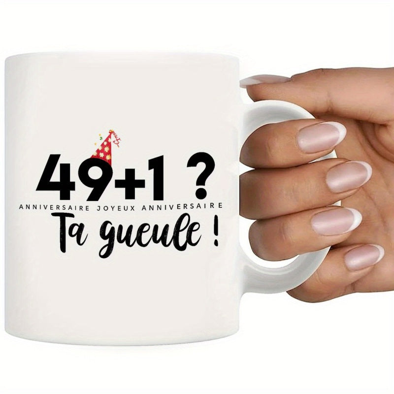 Tailorly White Ceramic 11 oz Mug - Elegant Hand Holding Minimalist White Ceramic With Festive Celebration Birthday Hat Mug
