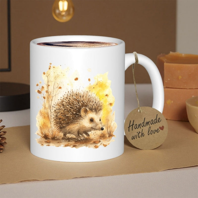 Tailorly White Ceramic 11 oz Mug - Handmade With Love Adorable Small Spiky Hedgehog In Autumn Grass With Golden Watercolor Leaves Hedgehog