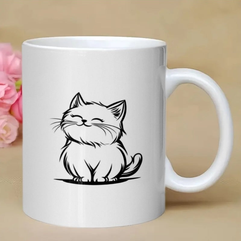 Tailorly White Ceramic 11 oz Mug - Minimalist Hand Drawn Line Art Of A Fluffy Smiling Sitting Cat
