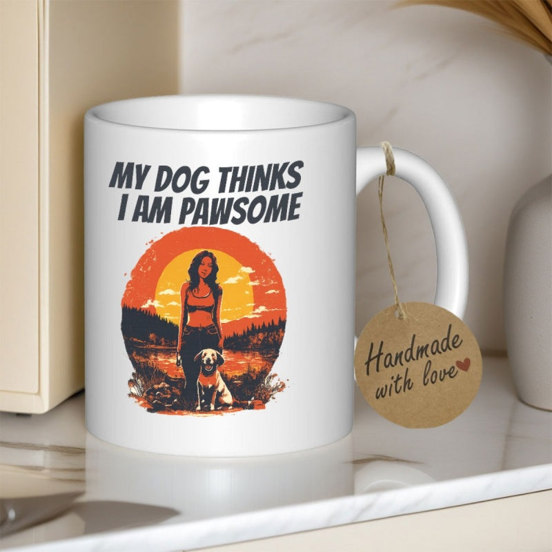 Tailorly White Ceramic 11 oz Mug - My Dog Thinks I Am Pawsome Retro Sunset Landscape With Silhouette Woman And Golden Dog