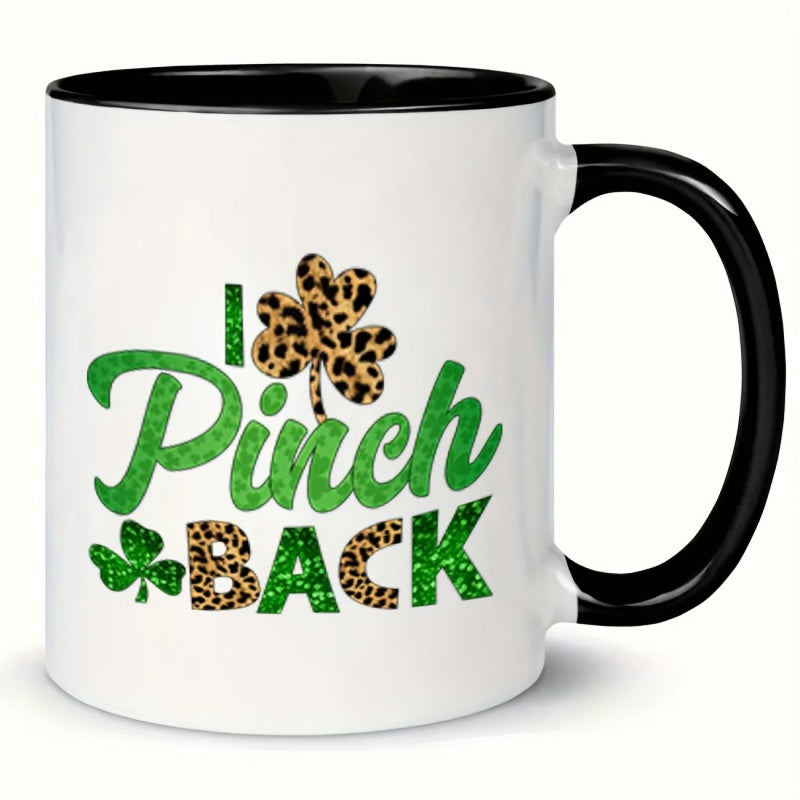 Tailorly Black Accent 11 oz Mug - festive shamrock and leopard print pattern