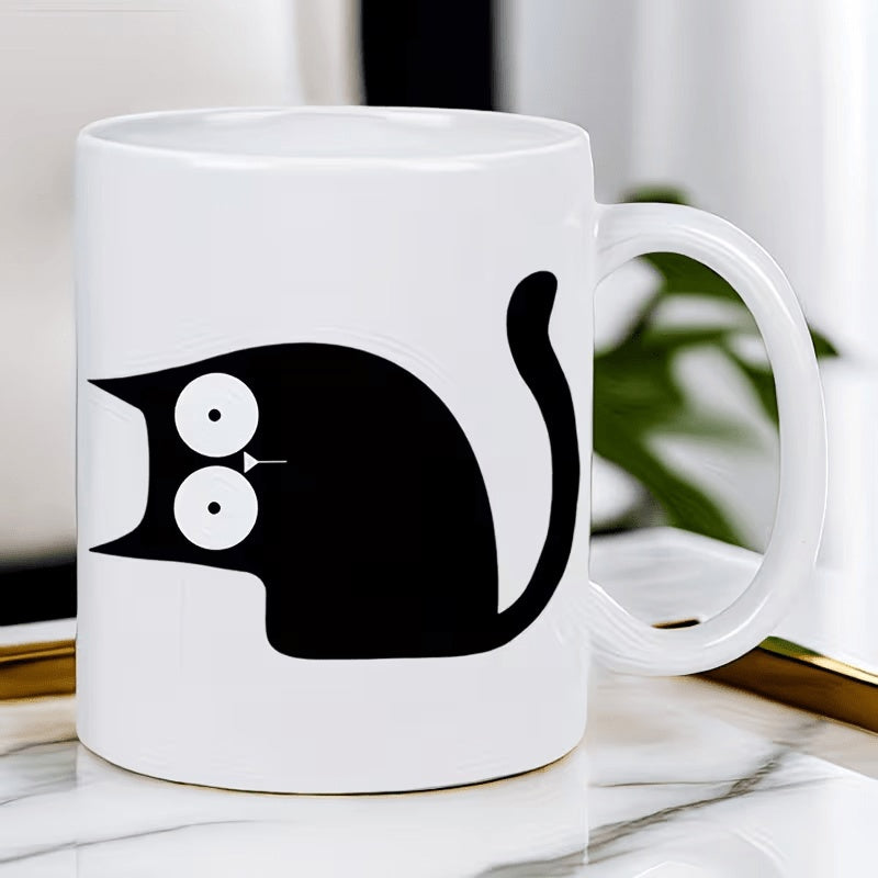 Tailorly White Ceramic 11 oz Mug - Minimalist Silhouette Featuring Large Round Eyes And A Curved Tail Black Cat