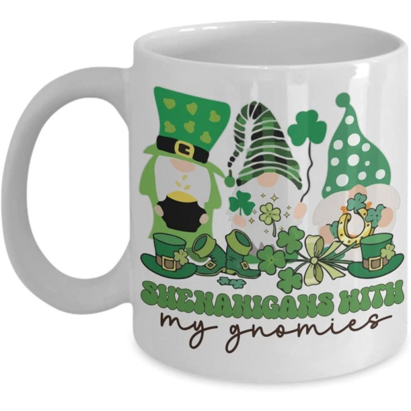 Tailorly White Ceramic 11 oz Mug - Shenanigans With My Gnomes Three Festive Green St Patricks Day Themed Lucky Clover Shamrocks Gnome