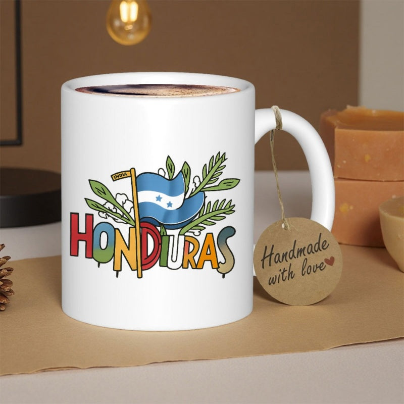 Tailorly White Ceramic 11 oz Mug - Honduras Vibrant Blue And White Waving National Flag With Tropical Green Leaves Flag