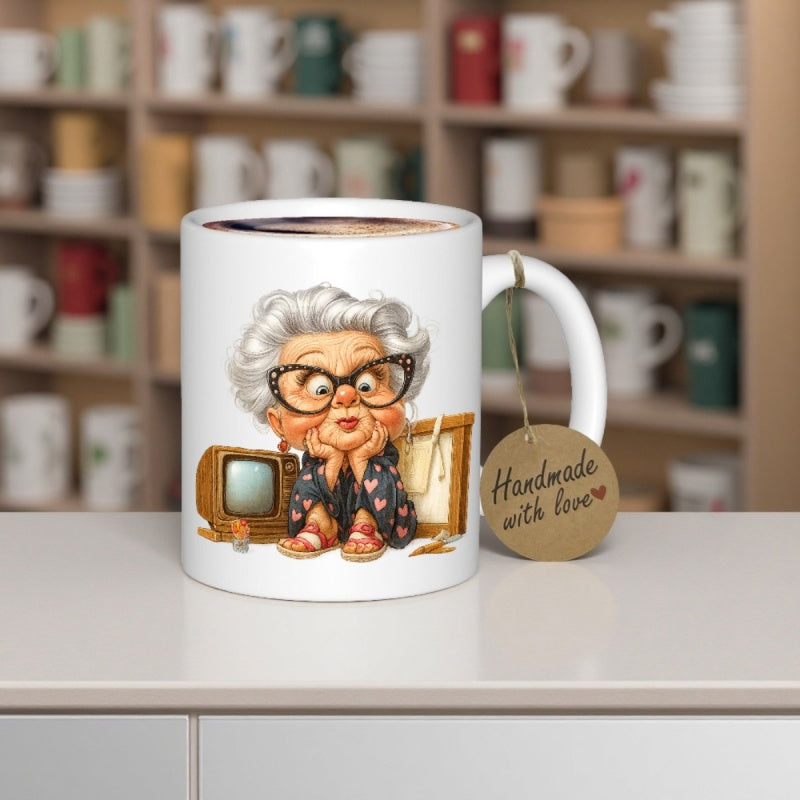 Tailorly White Ceramic 11 oz Mug - Handmade With Love Cute Whimsical Elderly Lady Sitting Near A Vintage Television Grandmother