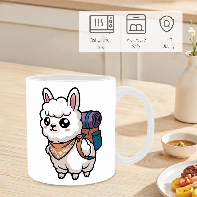 Tailorly White Ceramic 11 oz Mug - Adorable White Fluffy Alpaca Wearing A Backpack For Outdoor Hiking Adventure Llama