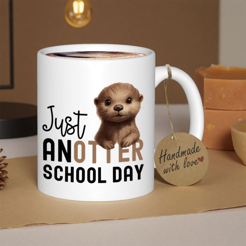 Tailorly White Ceramic 11 oz Mug - Just Anotter School Day Adorable Brown Furry Sea Otter Sitting Peacefully Against A Plain White Backdrop Otter