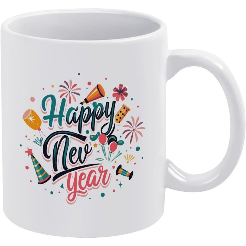 Tailorly White Ceramic 11 oz Mug - Happy New Year Colorful Fireworks Party Horns And Confetti Celebrating Festive Holiday Mug