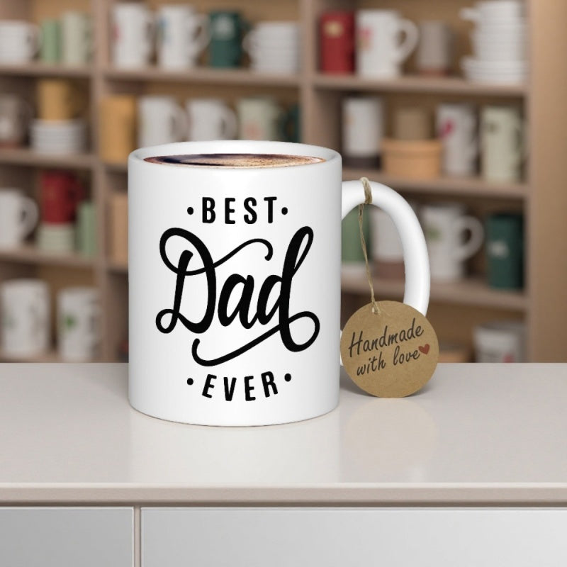 Tailorly White Ceramic 11 oz Mug - Best Dad Ever Minimalist White Ceramic With Elegant Black Script Font Design Mug