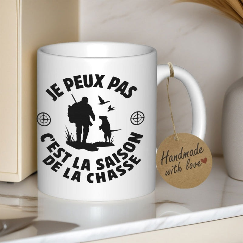 Tailorly White Ceramic 11 oz Mug - Handmade With Love Detailed Silhouette Of A Hunter And Dog Scouting Flying Ducks Hunter