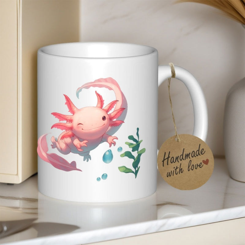 Tailorly White Ceramic 11 oz Mug - Cute Pink Aquatic Creature Swimming Among Bubbles And Green Seaweed Undersea Axolotl