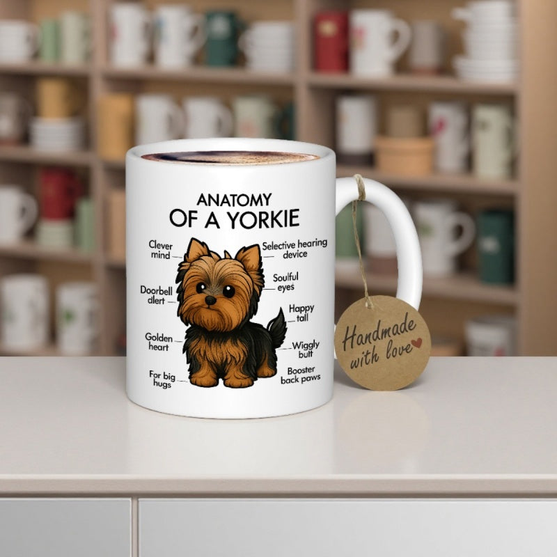 Tailorly White Ceramic 11 oz Mug - Anatomy Of A Yorkie Adorable Brown Small Puppy Sitting Contented With Pointed Descriptive Lines Yorkie