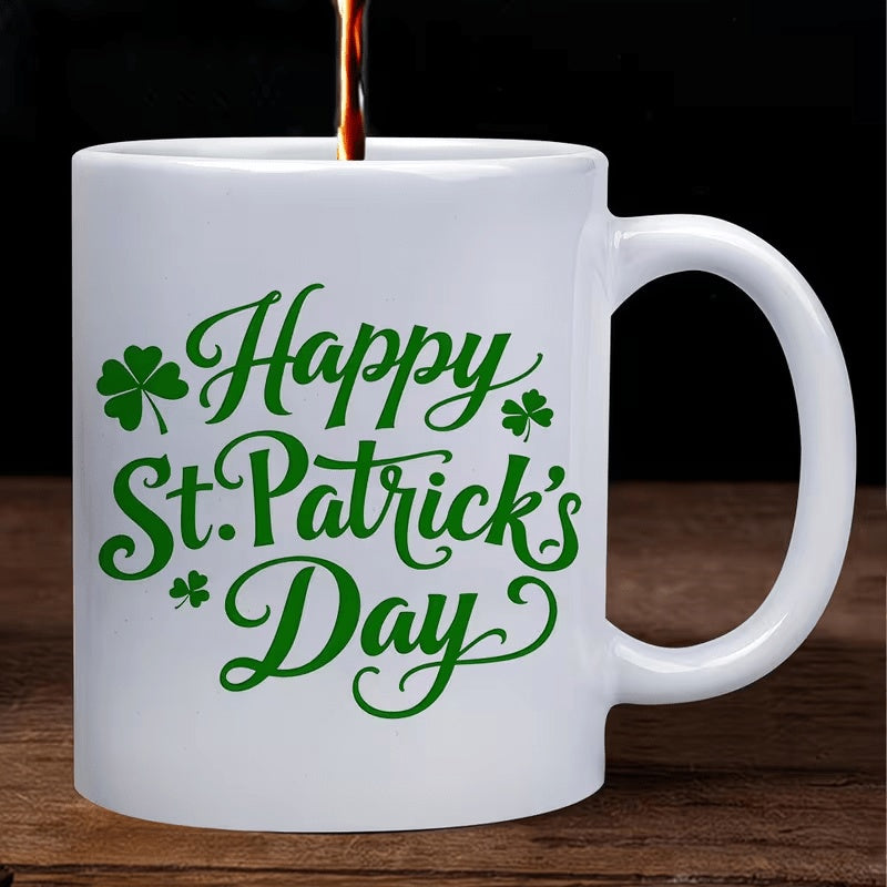 Tailorly White Ceramic 11 oz Mug - Happy St Patrick's Day Vibrant Green Shamrock Pattern Featuring Elegant Script On A