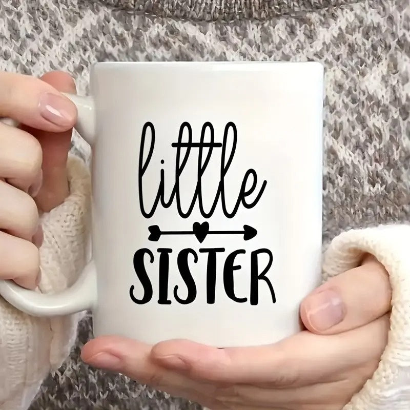 Tailorly White Ceramic 11 oz Mug - Little Sister Simple Black Minimalist Graphics Featuring A Central Heart Arrow