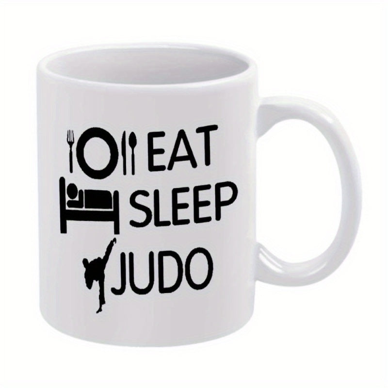 Tailorly White Ceramic 11 oz Mug - Eat Sleep Judo Daily Routine Icons Showcasing A Dynamic Martial Arts Athlete