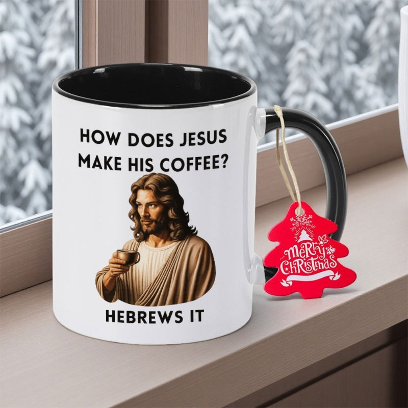 Tailorly Black Accent 11 oz Mug - funny verse "how does jesus make his coffee" jesus 11 handwash symbol