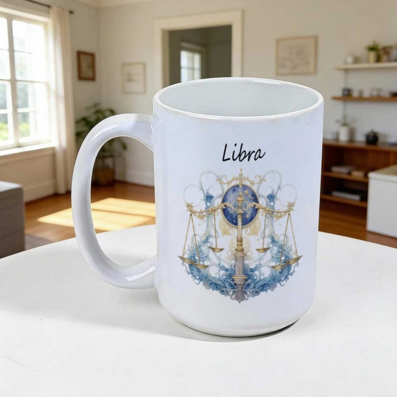 Tailorly White Ceramic 11 oz Mug - Libra Ornate Golden Scales With Intricate Blue Celestial Swirls Representing The Zodiac Scales