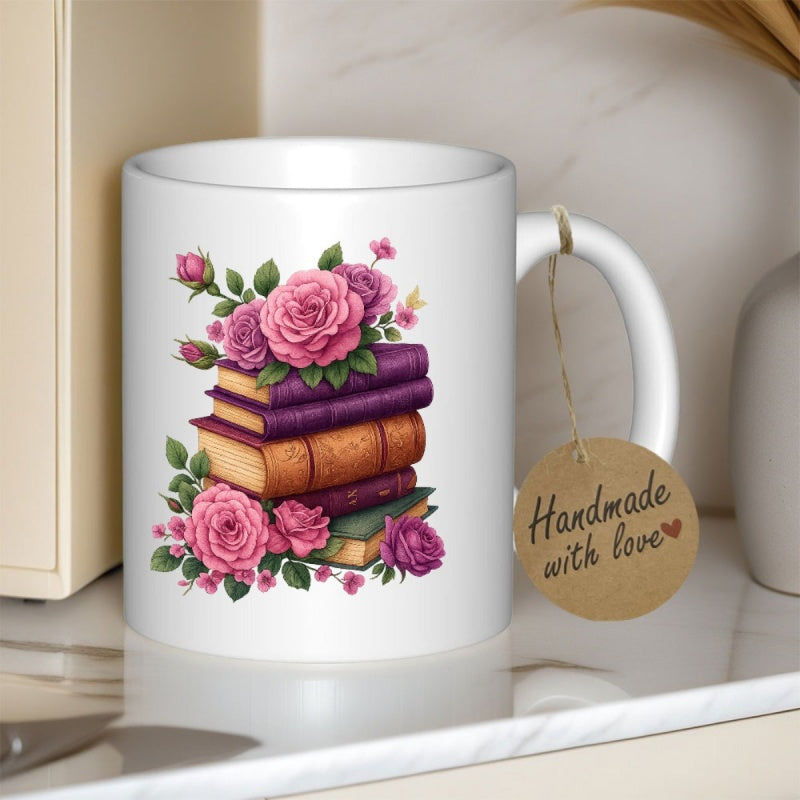 Tailorly White Ceramic 11 oz Mug - Handmade With Love Elegant Vintage Purple And Brown Stack Of Books With Pink Roses Books