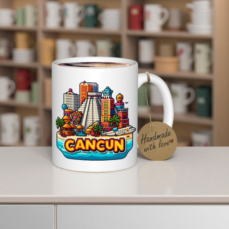 Tailorly White Ceramic 11 oz Mug - Cancun Vibrant Tropical Coastline Featuring Ancient Mayan Pyramid And Colorful Modern Cityscape Skyline