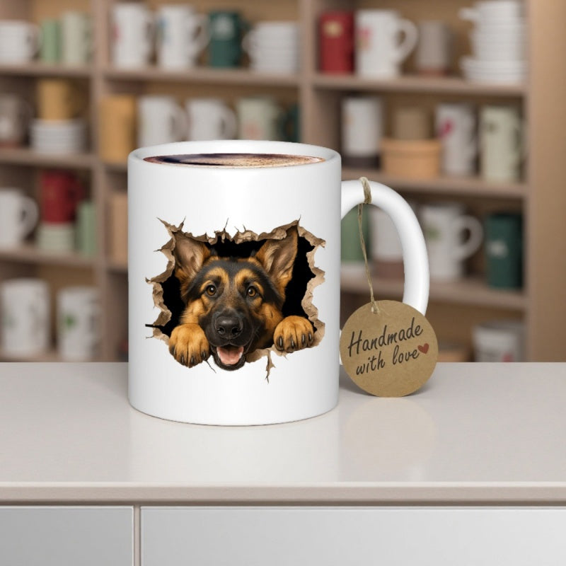 Tailorly White Ceramic 11 oz Mug - Handmade With Love Realistic Dog Peeking Through A Torn Hole Effect With Detailed Fur German Shepherd