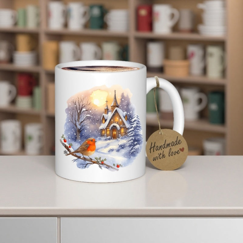 Tailorly White Ceramic 11 oz Mug - Handmade With Love Red Robin Perched On Snowy Branch Beside A Glowing Winter Cottage Robin