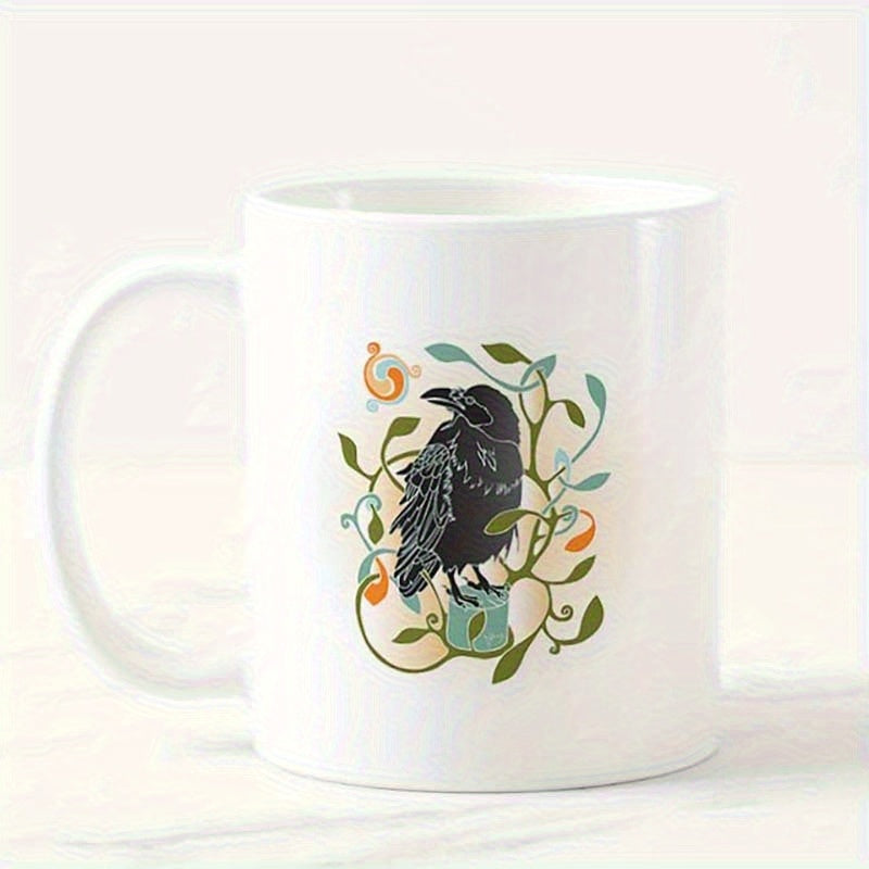 Tailorly White Ceramic 11 oz Mug - Mystical Black Raven Perched Among Swirling Green Vines And Autumn Leaves Raven