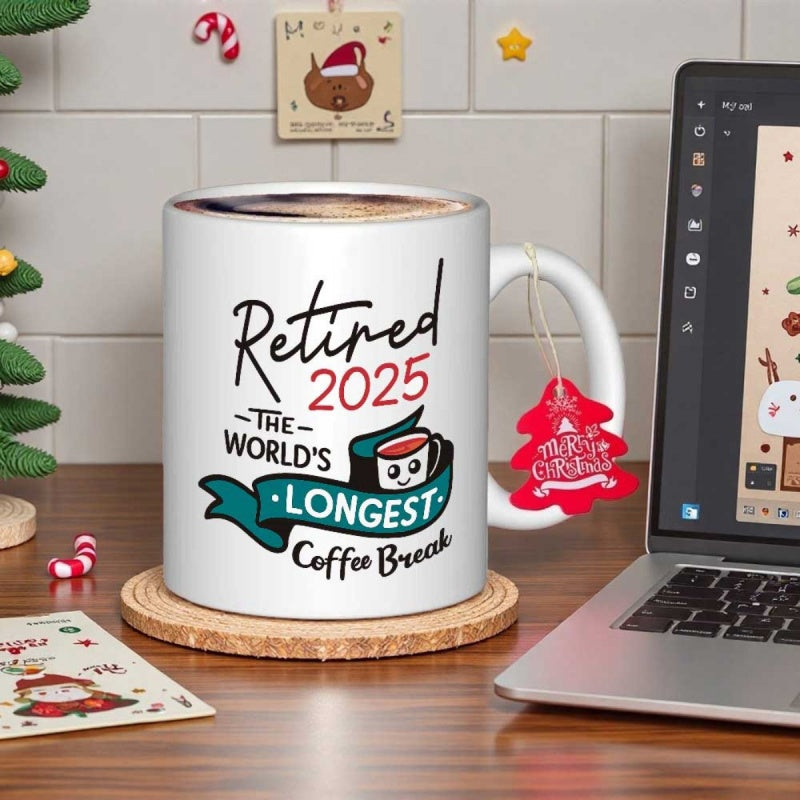 Tailorly White Ceramic 11 oz Mug - Retired 2025 The Worlds Longest Coffee Break Smiling Cute Cartoon Cup Resting Upon Teal Decorative Banner Design Mug