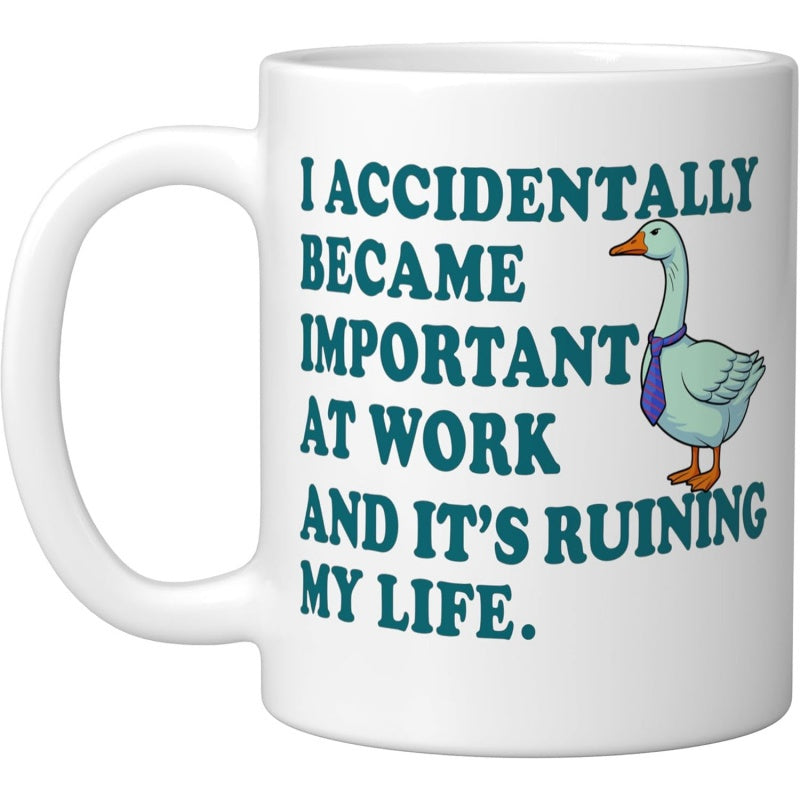 Tailorly White Ceramic 11 oz Mug - I Accidentally Became Important At Work And Its Ruining My Life Comical White Goose Wearing A Purple Professional Office Necktie
