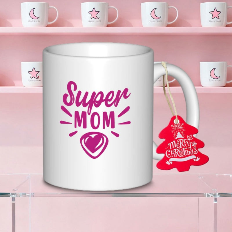 Tailorly White Ceramic 11 oz Mug - Super Mom Purple Heart Featuring Radiating Vibrant Lines And Bold Script Art
