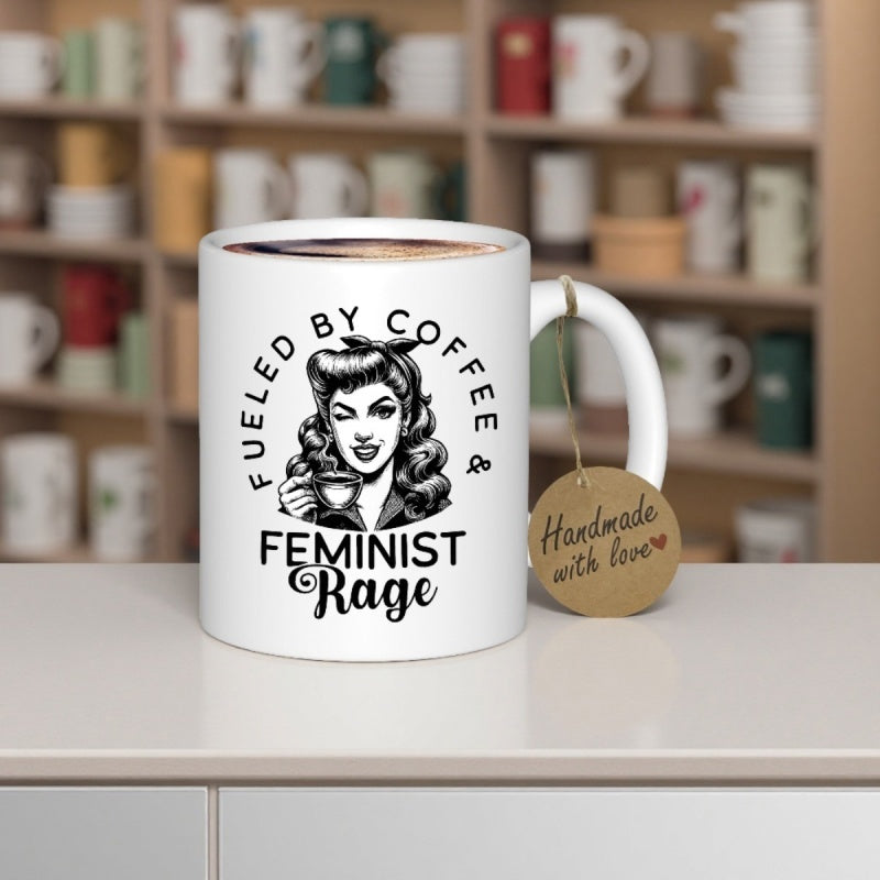 Tailorly White Ceramic 11 oz Mug - Fueled By Coffee Feminist Rage Retro Vintage Style Woman With Victory Rolls Holding Steaming Coffee Cup Woman